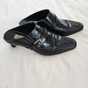 Brighton Tiana Slip On Black Leather Mules Shoes Silver Buckle 6M